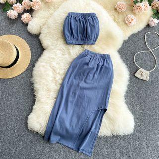 Set Of 2 : Plain Tube Top + Slit Skirt