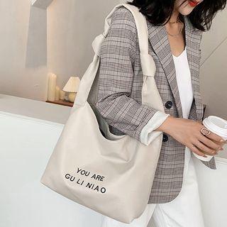 Letter Embroidered Faux Leather Shoulder Bag