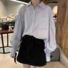 Striped Lantern-sleeve Oversize Shirt Bow - One Size