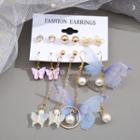 6 Pair Set: Butterfly Faux Crystal / Faux Pearl / Alloy Earring (various Designs) Set Of 6 Pair - 55830 - Purple & Blue & White - One Size