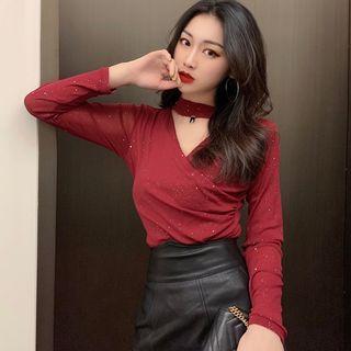 Choker-neck Rhinestone Long-sleeve Mesh Top