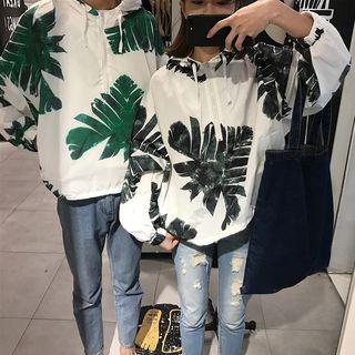Couple Matching Leaf Print Hooded Zip Jacket