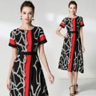 Short Sleeve Slit-front Print A-line Dress