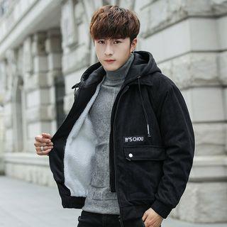Lettering Fleece-lined Corduroy Hooded Zip Jacket