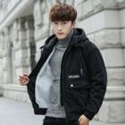 Lettering Fleece-lined Corduroy Hooded Zip Jacket