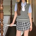 Puff-sleeve Blouse / Knit Sweater Vest / Neck Tie / Plaid A-line Skirt / Set