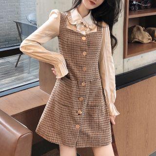 Long-sleeve Mock Two-piece Plaid Mini A-line Dress Plaid - Brown - One Size