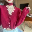 Color-block-trim V-neck Long-sleeve Cardigan
