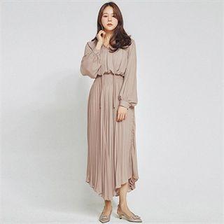 Beribboned Pleated Long Chiffon Dress