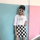 Lettering Elbow Sleeve T-shirt / Zip Front Checked A-line Skirt