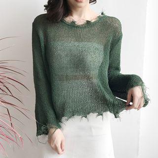 Long-sleeve Distressed Plain Sweater