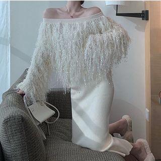 Fringed Trim Off-shoulder Sweater As Shown In Figure - One Size