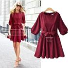 Bow Accent Elbow Sleeve A-line Dress