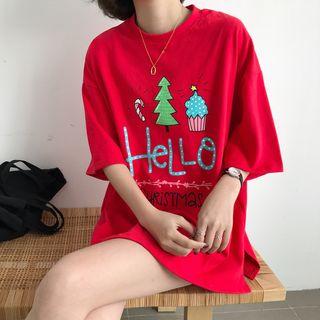 Elbow-sleeve Christmas Print T-shirt