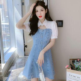 Puff-sleeve Denim Panel Cut-out Mini A-line Dress