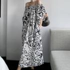 Balloon-sleeve Off-shoulder Print Maxi A-line Dress