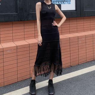 Fringed Hem Sleeveless Midi Knit Sheath Dress
