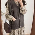 Floral Print Long-sleeve Midi A-line Dress/ Button Sweater Vest