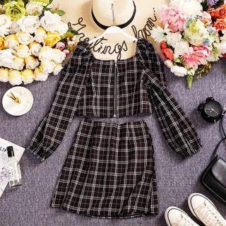 Set: Plaid Zip Jacket + A-line Skirt