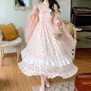 Spaghetti Strap Floral Print Lace Trim Midi Dress