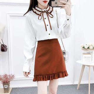 Set: Ruffle Collar Bow Blouse + Ruffle Hem A-line Skirt