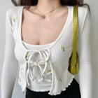 Set: Flower Embroidered Camisole Top + Lace Up Cardigan