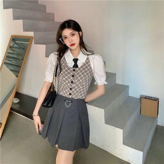Plain Button-up Shirt / Plaid Color-block Vest / High-waist Plain Pleated A-line Skirt