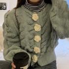 Puffy Floral Cardigan / Long-sleeve Striped Turtleneck Top