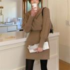 Set: Cable-knit Sweater + Mini Knit Pencil Skirt Set - Camel - One Size