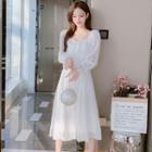 Long-sleeve Square-neck Tie-strap Ruched Chiffon Dress