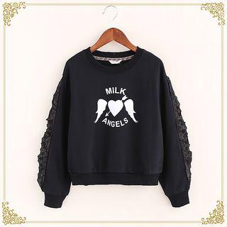 Eyelet Lace Trim Print Pullover