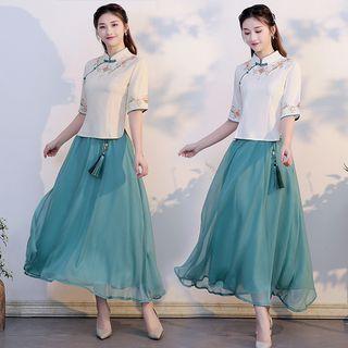 Set: Hanfu Elbow-sleeve Top + Midi Skirt