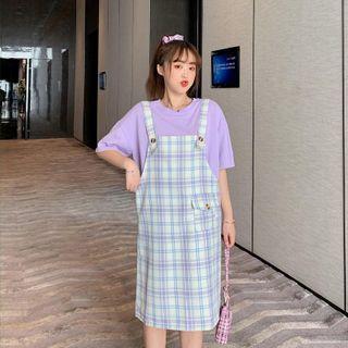 Sleeveless Plaid Playsuit / Short-sleeve Plain T-shirt