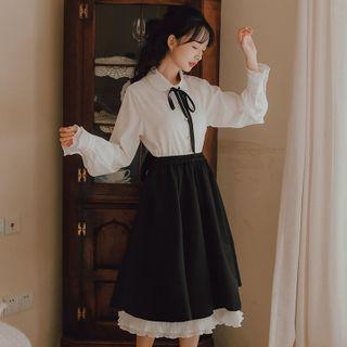 Bow Shirt / Midi A-line Skirt / Set