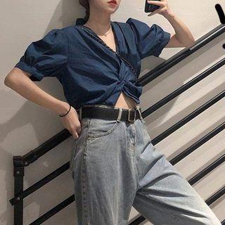 Puff-sleeve Twisted Blouse Blue - One Size