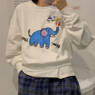 Cartoon Elephant Print Cropped Pullover