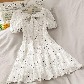 Ribbon-back Dotted V-neck Dress White - One Size