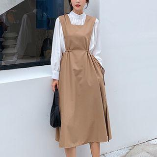 Mock-neck Blouse / Side Tie Midi Pinafore Dress / Set