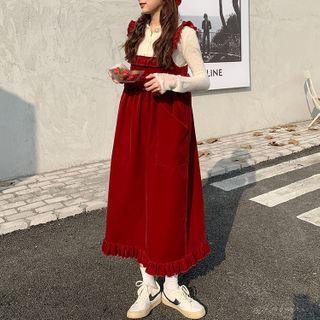 Button-up Knit Top / Spaghetti Strap Corduroy Midi Dress