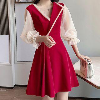 Balloon-sleeve Wrap A-line Dress