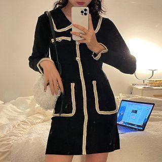 Long-sleeve Contrast Stitching A-line Dress Black - One Size