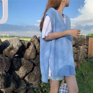 Plain V-neck Knit Vest Blue - One Size