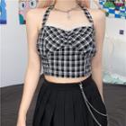 Halter Plaid Cropped Camisole Top Plaid - Black & White - One Size