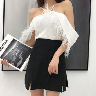Fringe Trim Short-sleeve Top / Slit A-line Skirt