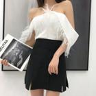 Fringe Trim Short-sleeve Top / Slit A-line Skirt