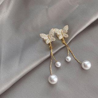 Butterfly Rhinestone Faux Pearl Fringed Earring 1 Pair - Clip On Earring - Butterfly - Gold - One Size