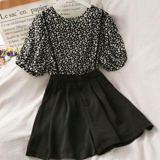 Set: Floral Puff-sleeve Loose Top + High-waist Shorts With Suspender