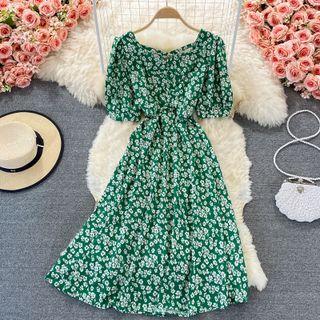 Short-sleeve Floral Print Open Back Dress