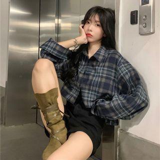 Long-sleeve Plaid Cropped Shirt Plaid - One Size