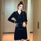 Long-sleeve Double-button Dress Black - One Size